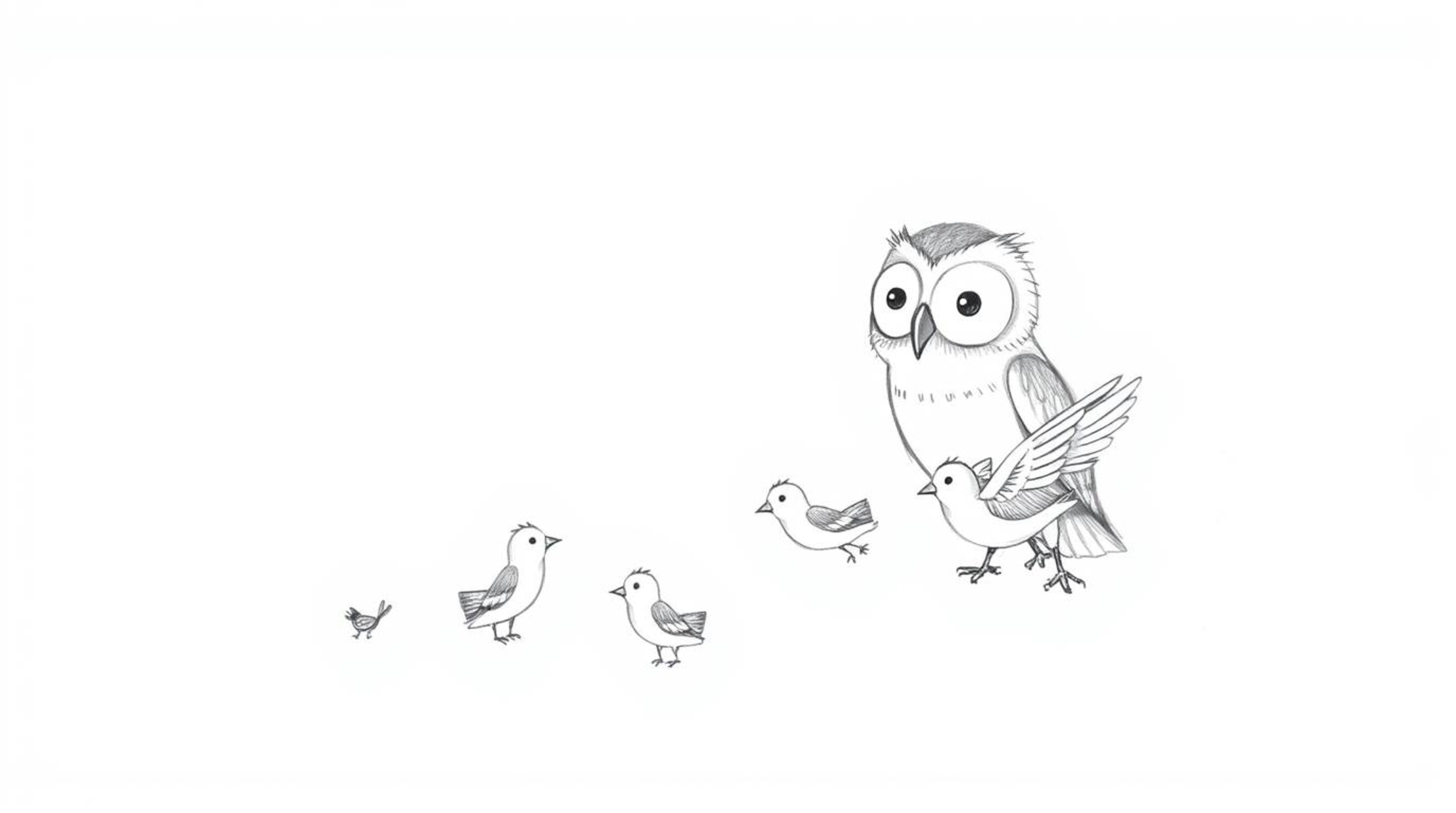 A heartwarming, Pixar-esque sketch depicts a blind owl with textured pencil strokes patiently teaching a group of small birds