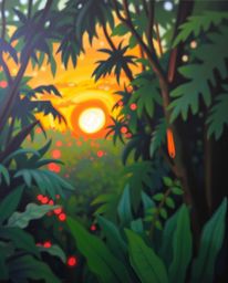 A bold acrylic painting that captures a sunset filtering through a dense jungle canopy. This artwork skillfully employs a blu