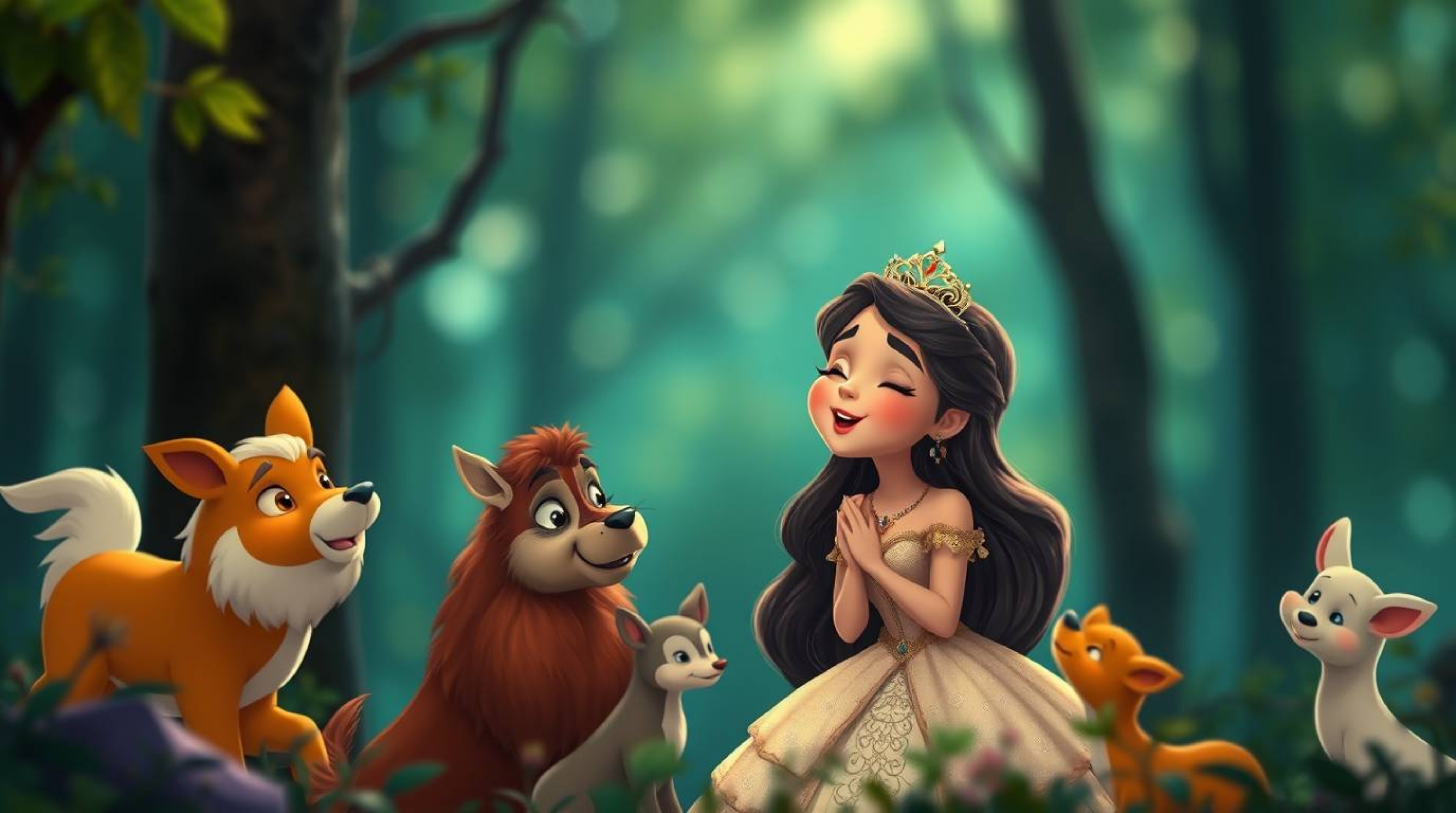 A captivating 2D animated princess, rendered in a vintage style, serenades forest animals against a rich, deep teal blurred b
