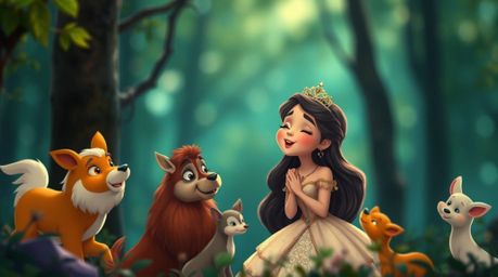 A captivating 2D animated princess, rendered in a vintage style, serenades forest animals against a rich, deep teal blurred b