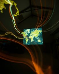 This stunning close-up shot captures a glowing map projected in the air within an old study, utilizing long-exposure photogra