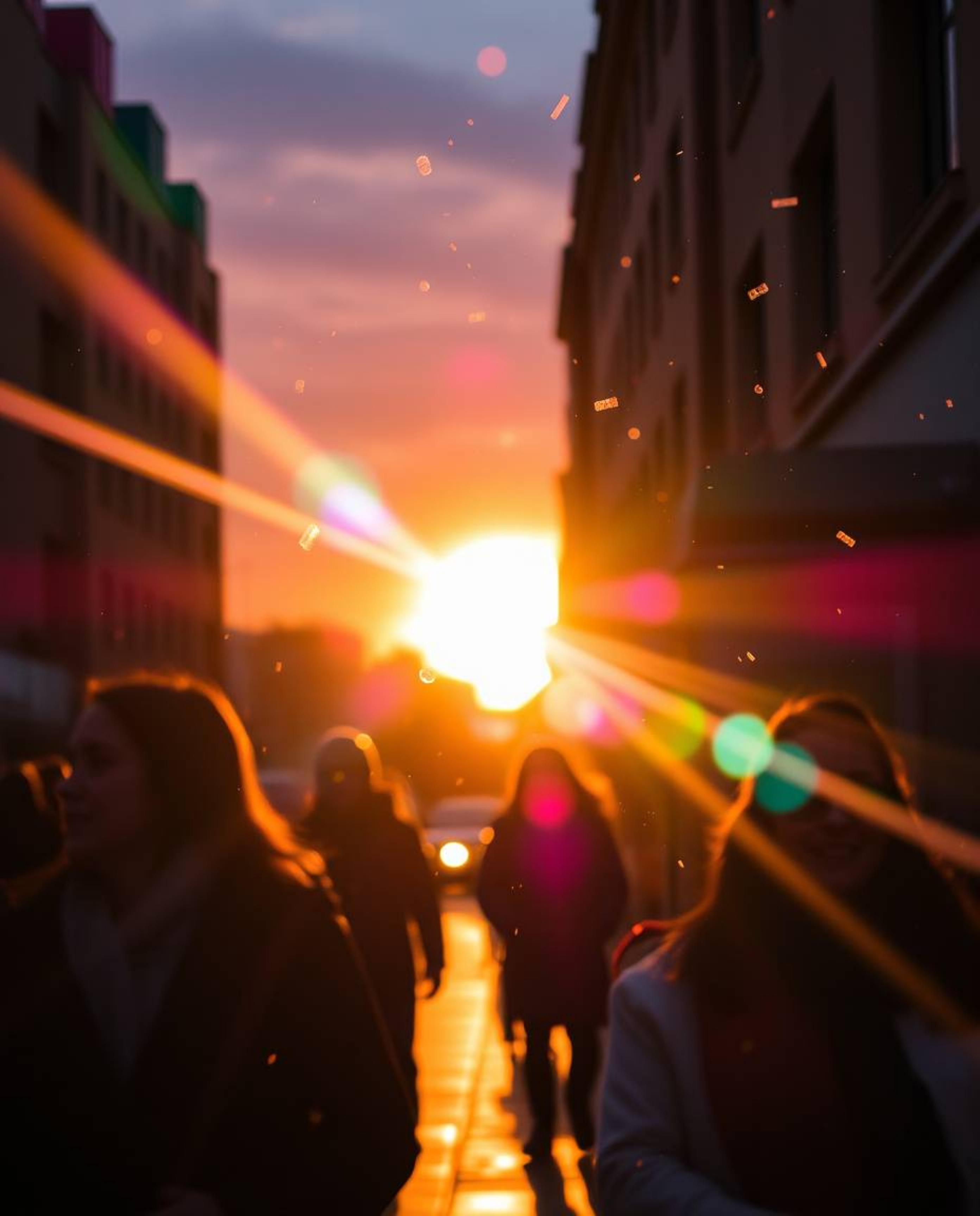 A candid street photograph captures a beautiful, spontaneous moment of snowflakes falling in an urban scene during a vibrant 