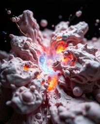 Explore an extreme macro close-up of colliding galaxies, a cosmic explosion of light and color brought to life as a clay scul
