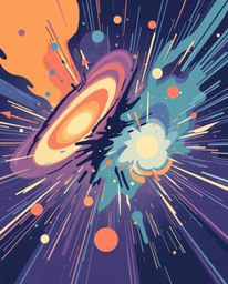 Explore a modern flat design masterpiece showcasing colliding galaxies in a breathtaking cosmic explosion of light and color.