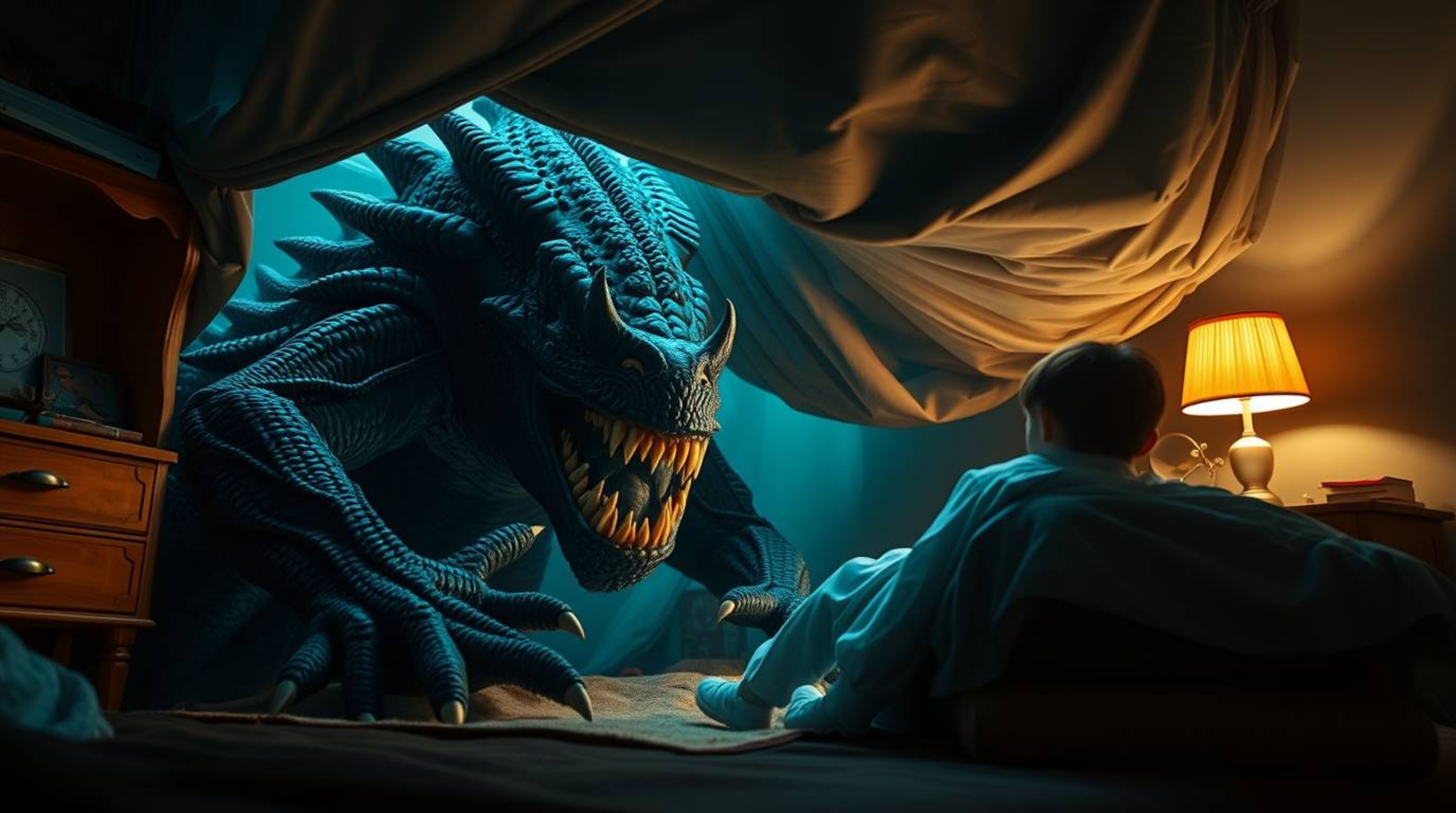 A captivating photograph depicts an unlikely friendship between a child and a monster under the bed. Set in a modern, futuris