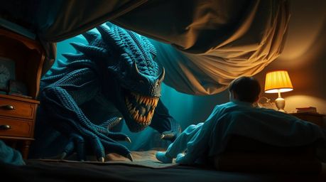 A captivating photograph depicts an unlikely friendship between a child and a monster under the bed. Set in a modern, futuris