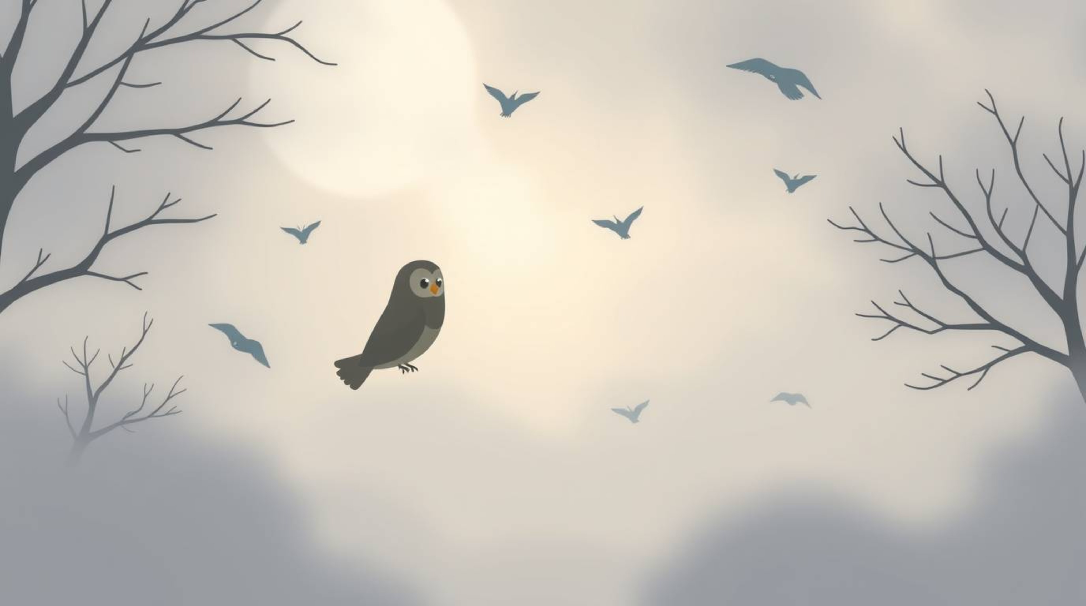 This Pixar-style, flat design illustration depicts a blind owl with profound inner vision amidst thick fog, guiding birds on 