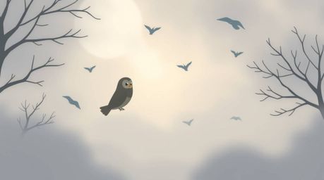 This Pixar-style, flat design illustration depicts a blind owl with profound inner vision amidst thick fog, guiding birds on 