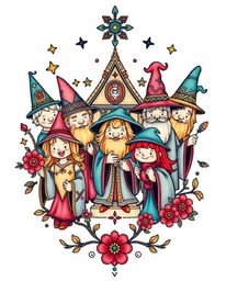 Discover a vibrant and symbolic traditional tattoo art print featuring a magical school filled with young wizards. This desig