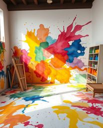 Explore a captivating room exploding with paint, showcasing a delicate watercolor painting style. The artwork features vibran