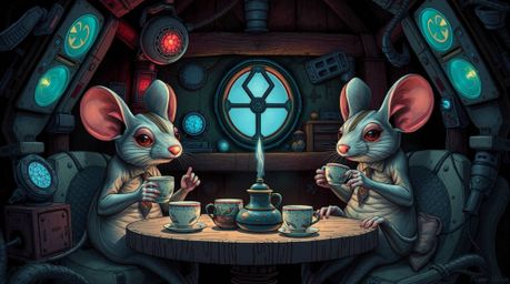 Dive into a dark and eerie future with this unsettling sci-fi illustration featuring anthropomorphic mice enjoying tea in a s