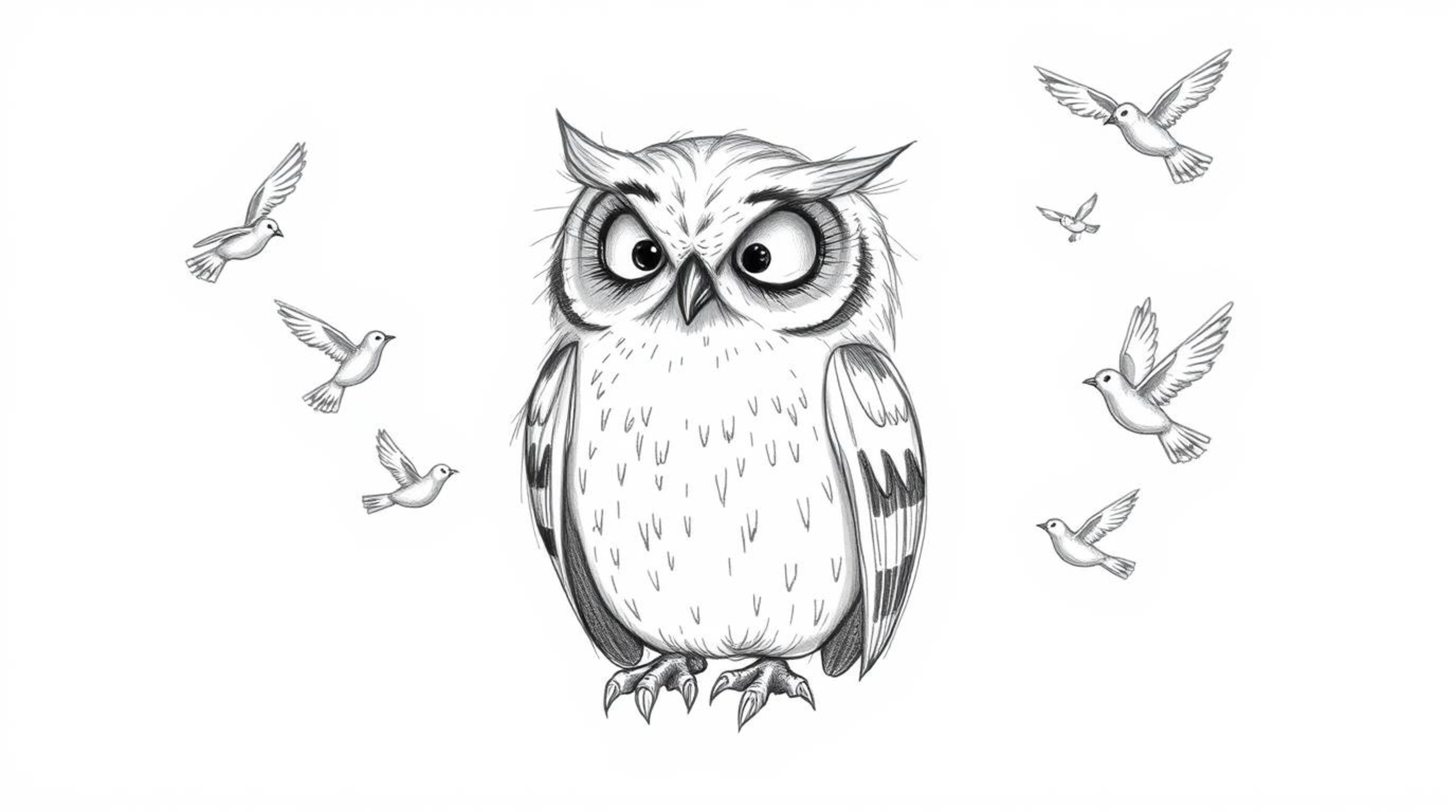 A gentle, wise, blind owl, implied through posture and textured pencil strokes, rests peacefully amidst a flurry of small bir