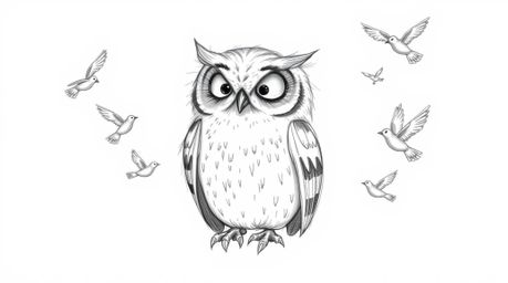 A gentle, wise, blind owl, implied through posture and textured pencil strokes, rests peacefully amidst a flurry of small bir