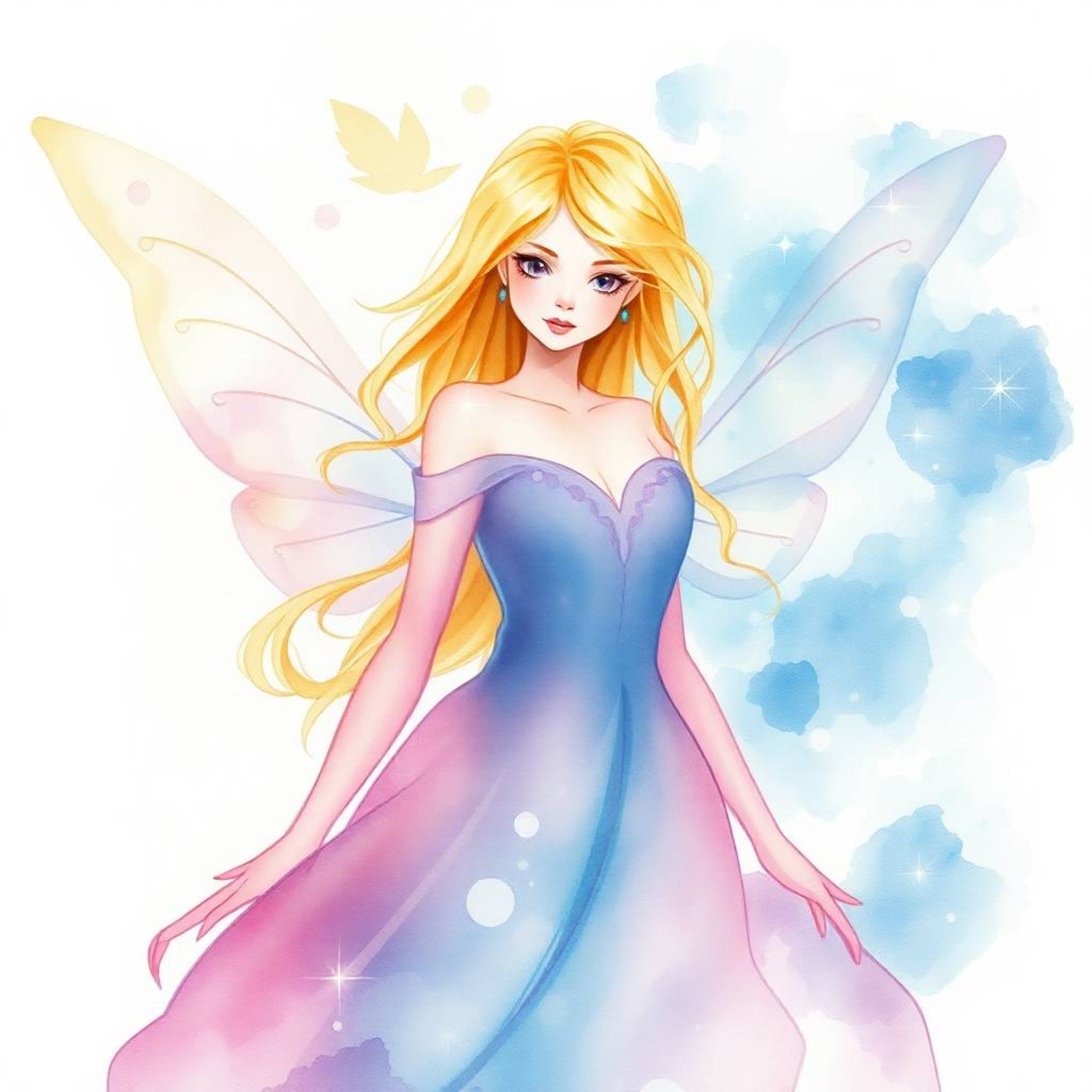 A delicate watercolor painting depicts a graceful fairy godmother emerging in a swirl of sparkles. Refined features, transluc