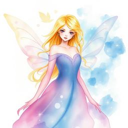 A delicate watercolor painting depicts a graceful fairy godmother emerging in a swirl of sparkles. Refined features, transluc