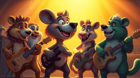 A captivating scene of a cartoon animal rock band bathed in the warm, golden light of sunrise or sunset.  Their expressive fe