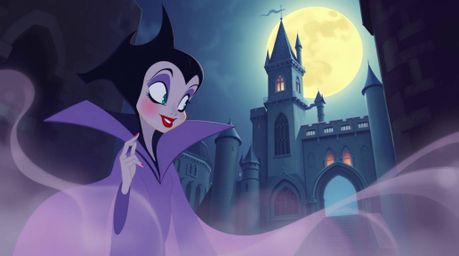 This image depicts a classic Disney villain with delicate features casting a spell within the walls of an old castle. The art
