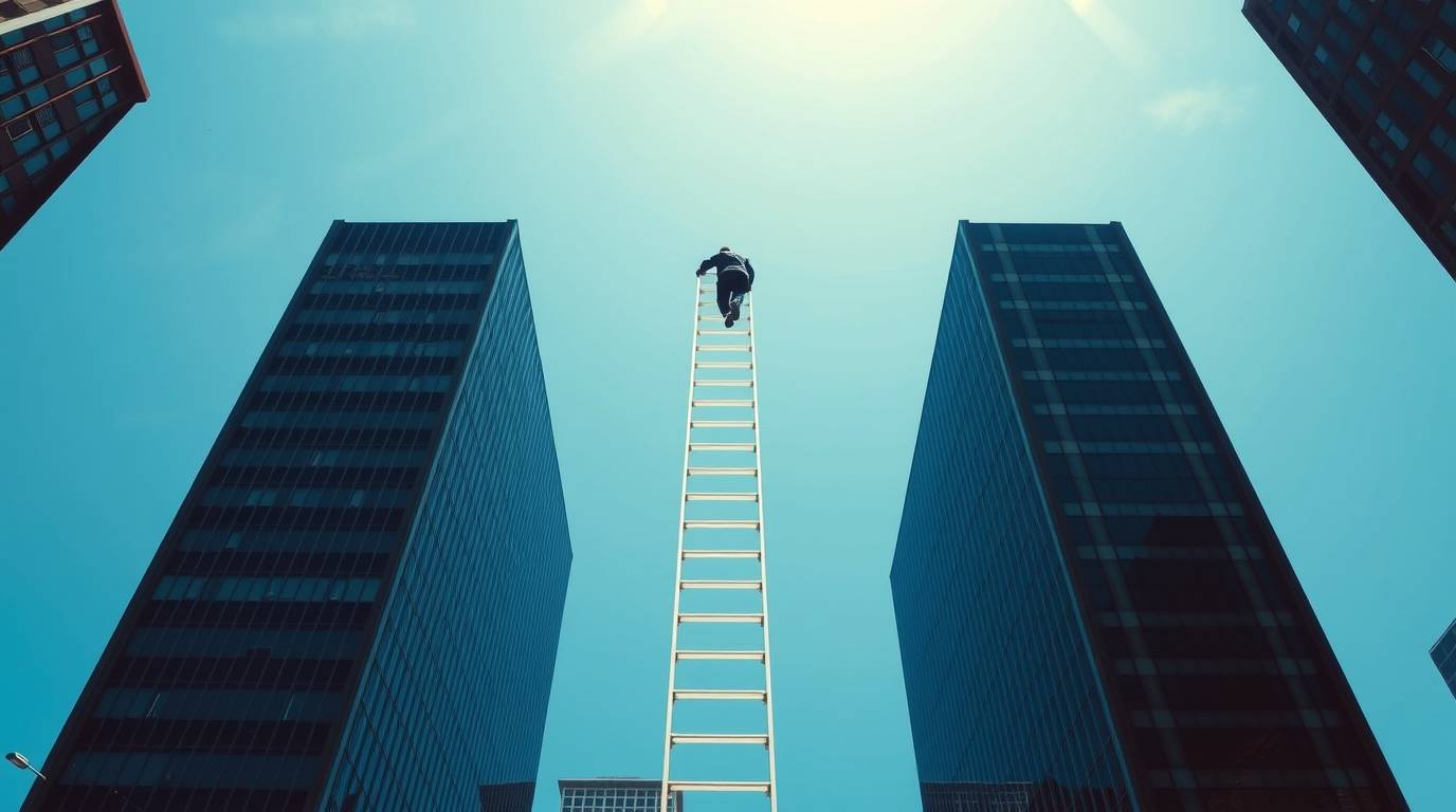 A striking architectural photograph depicting a businessperson ascending a transparent ladder that disappears into a vibrant 