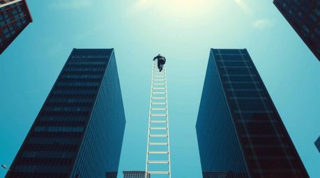 A striking architectural photograph depicting a businessperson ascending a transparent ladder that disappears into a vibrant 