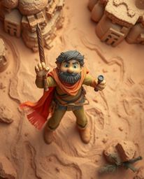A vibrant, sculpted papier-mâché brave hero embarks on a thrilling Disney-style desert adventure. This digital artwork featu