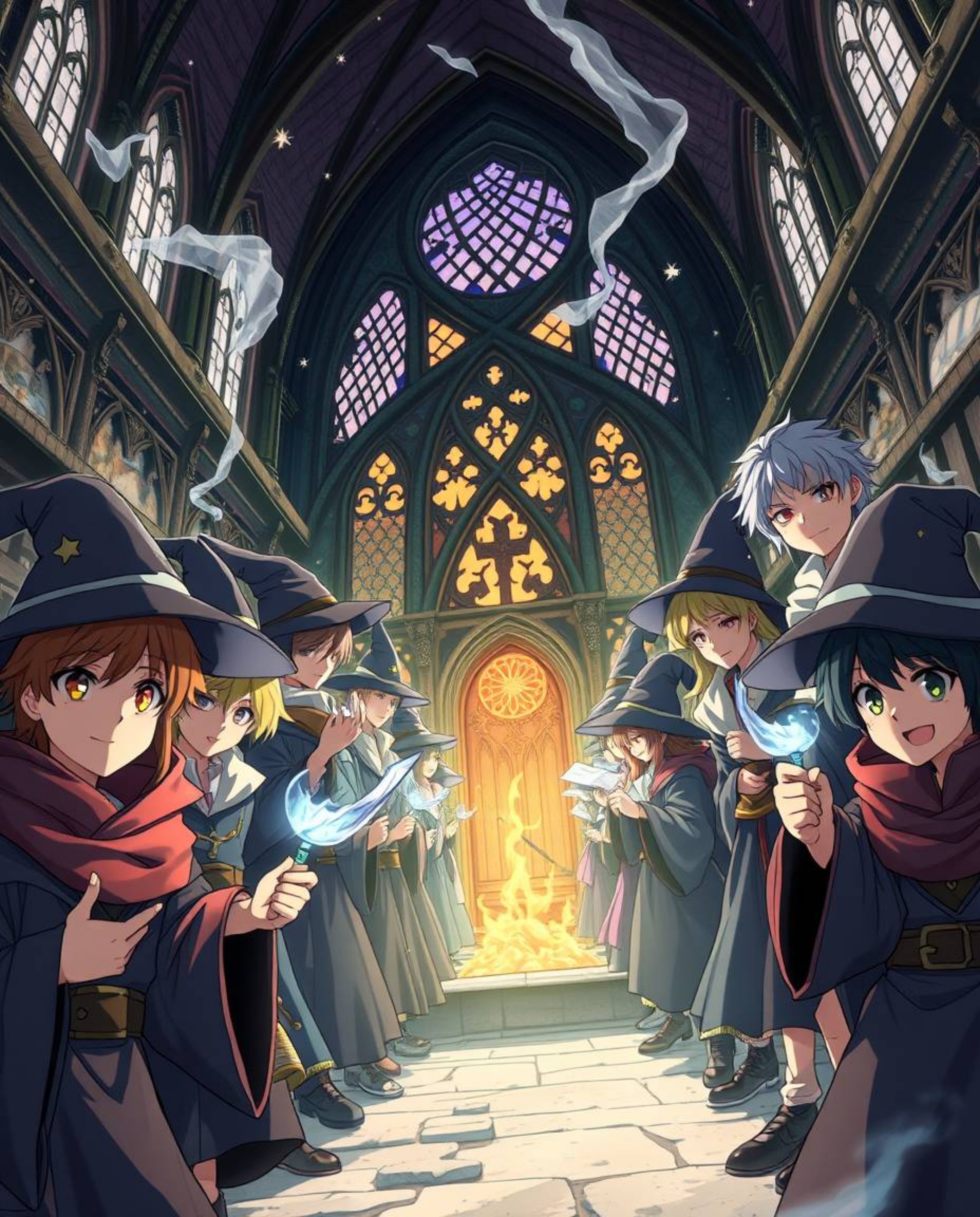 Discover a captivating anime illustration of a magical school brimming with young wizards. Rendered in a striking hard light