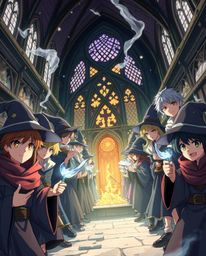 Discover a captivating anime illustration of a magical school brimming with young wizards.  Rendered in a striking hard light
