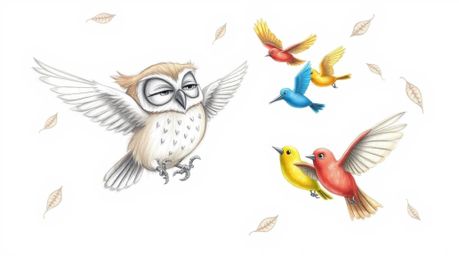 A charming pencil sketch in the style of Pixar depicts a blind owl with expressive eyes and soft, brown feathers nurturing a 