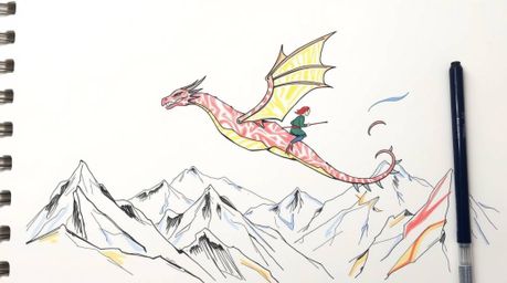 A vibrant, hand-drawn sketchnote depicts a dragon and its rider soaring above a majestic range of icy mountains.  The artwork