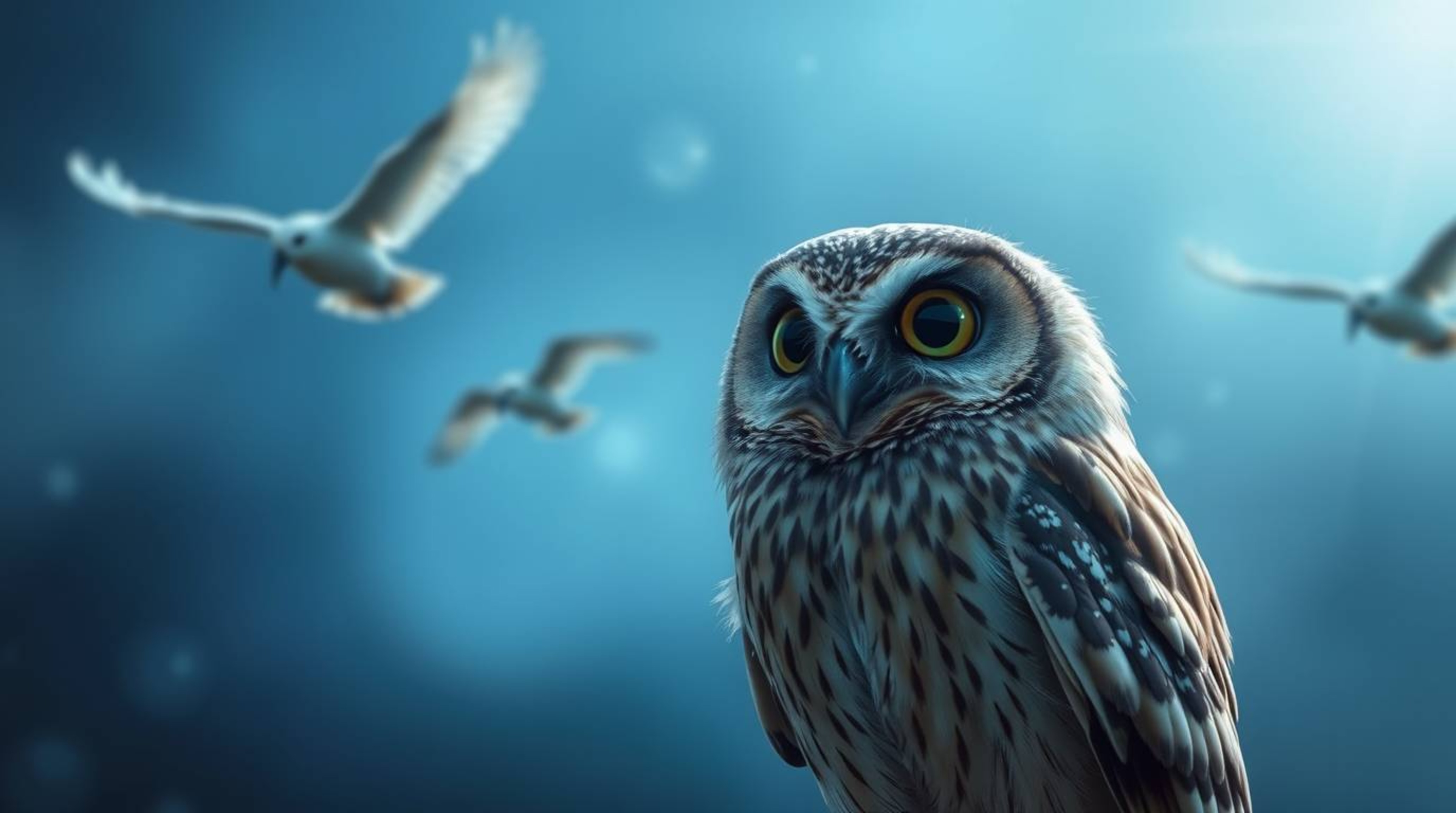In a piece of long exposure photography that is both ethereal and spiritual, a blind, Pixar-esque owl with light brown feathe