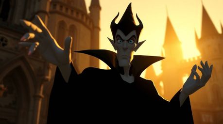 A captivating digital art depicting a classic Disney villain with striking features, casting a spell within an ancient castle
