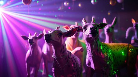 Experience an electrifying animal dance party illuminated by dazzling disco lights, creating a mesmerizing spectacle of iride