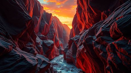 A dramatic cinematic image showcases a rocky canyon illuminated by the warm hues of the sunset, with glowing bioluminescent c