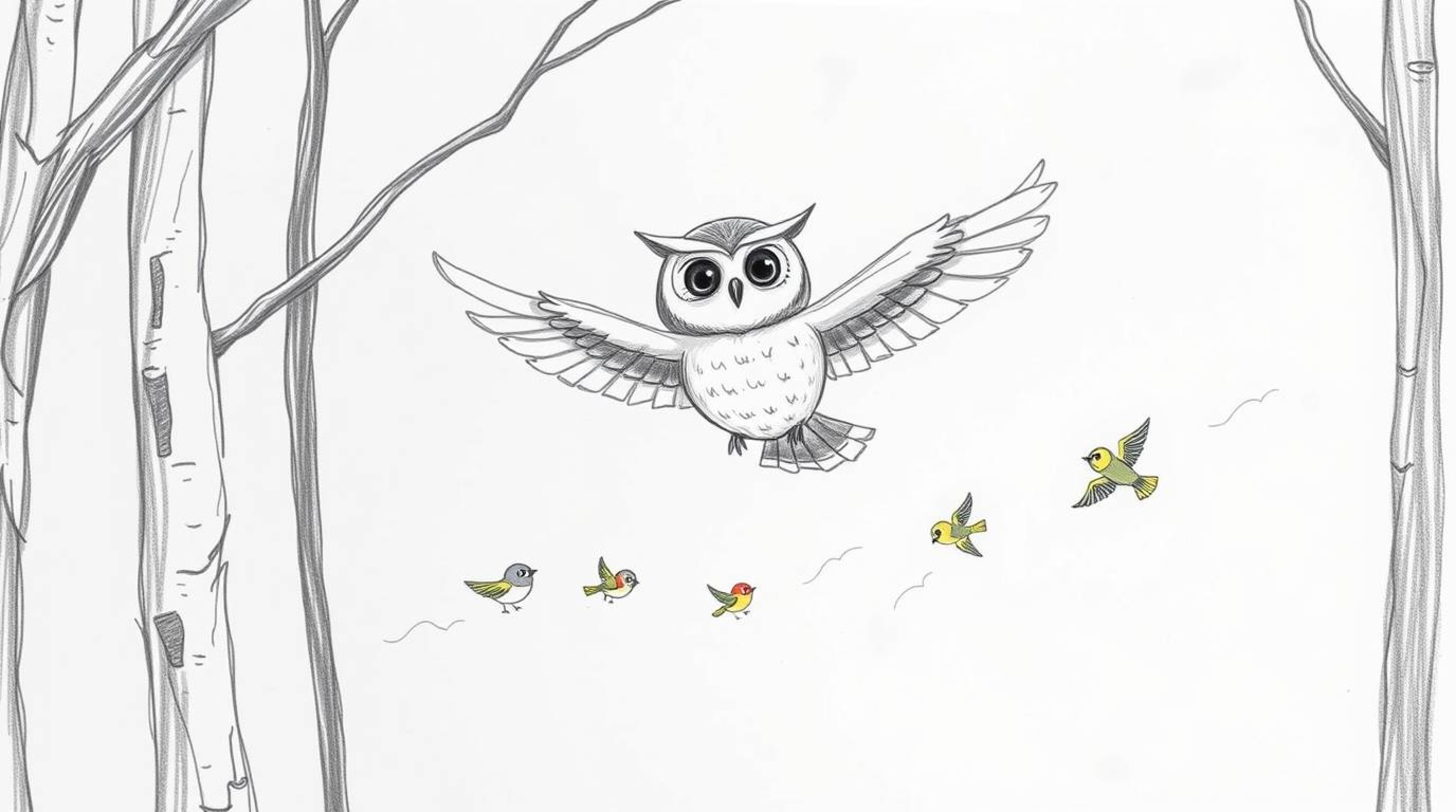 A heartwarming hand-drawn sketch in the style of Pixar depicts a wise, blind owl gliding gracefully between trees, guiding a 