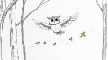 A heartwarming hand-drawn sketch in the style of Pixar depicts a wise, blind owl gliding gracefully between trees, guiding a 