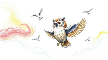 A heartwarming Pixar-style hand-drawn sketch depicts a kind, blind owl teaching birds to fly. The scene is set against a vibr