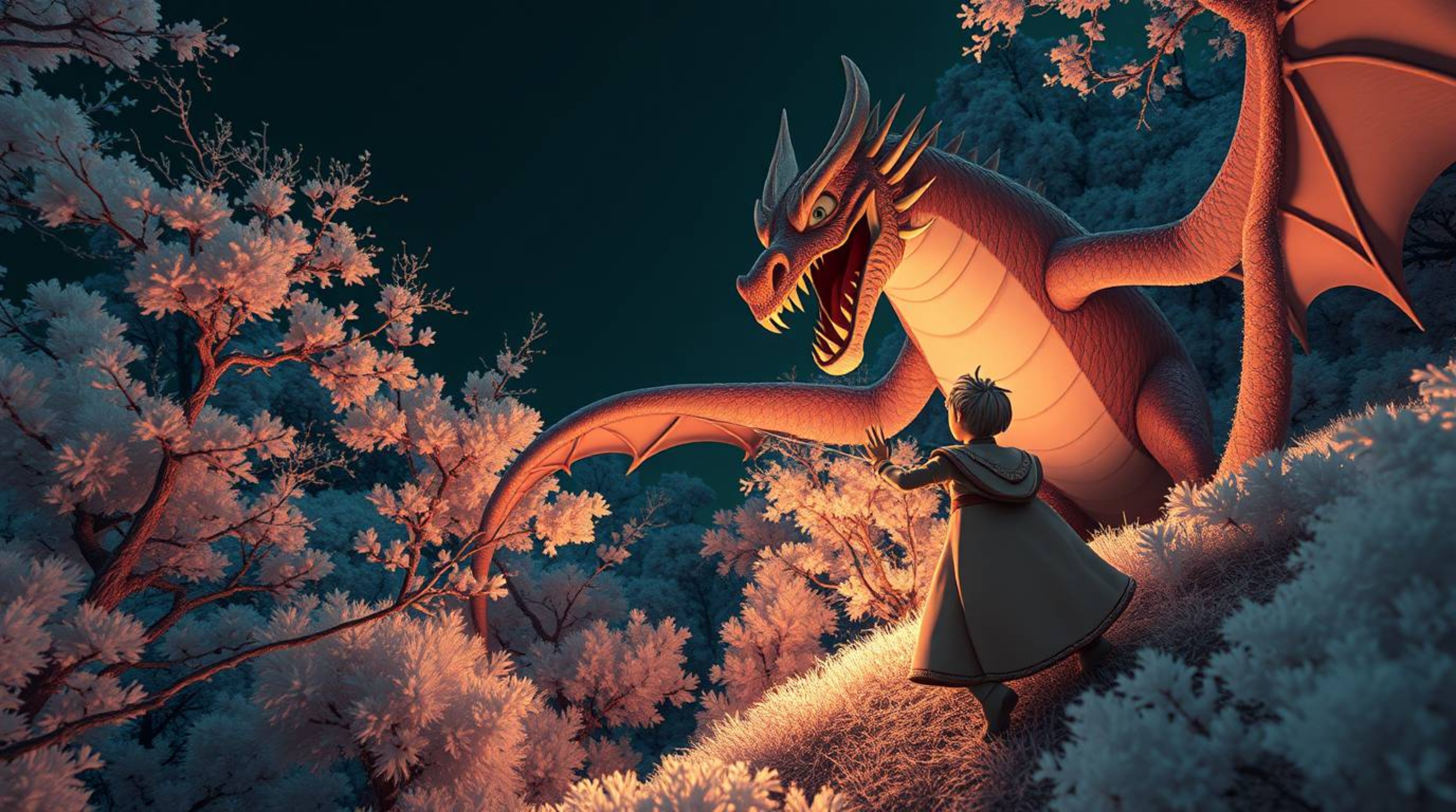 Witness a charming prince bravely battling a fearsome dragon in this surreal scene rendered with striking infrared tones. Cap