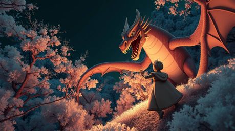Witness a charming prince bravely battling a fearsome dragon in this surreal scene rendered with striking infrared tones. Cap