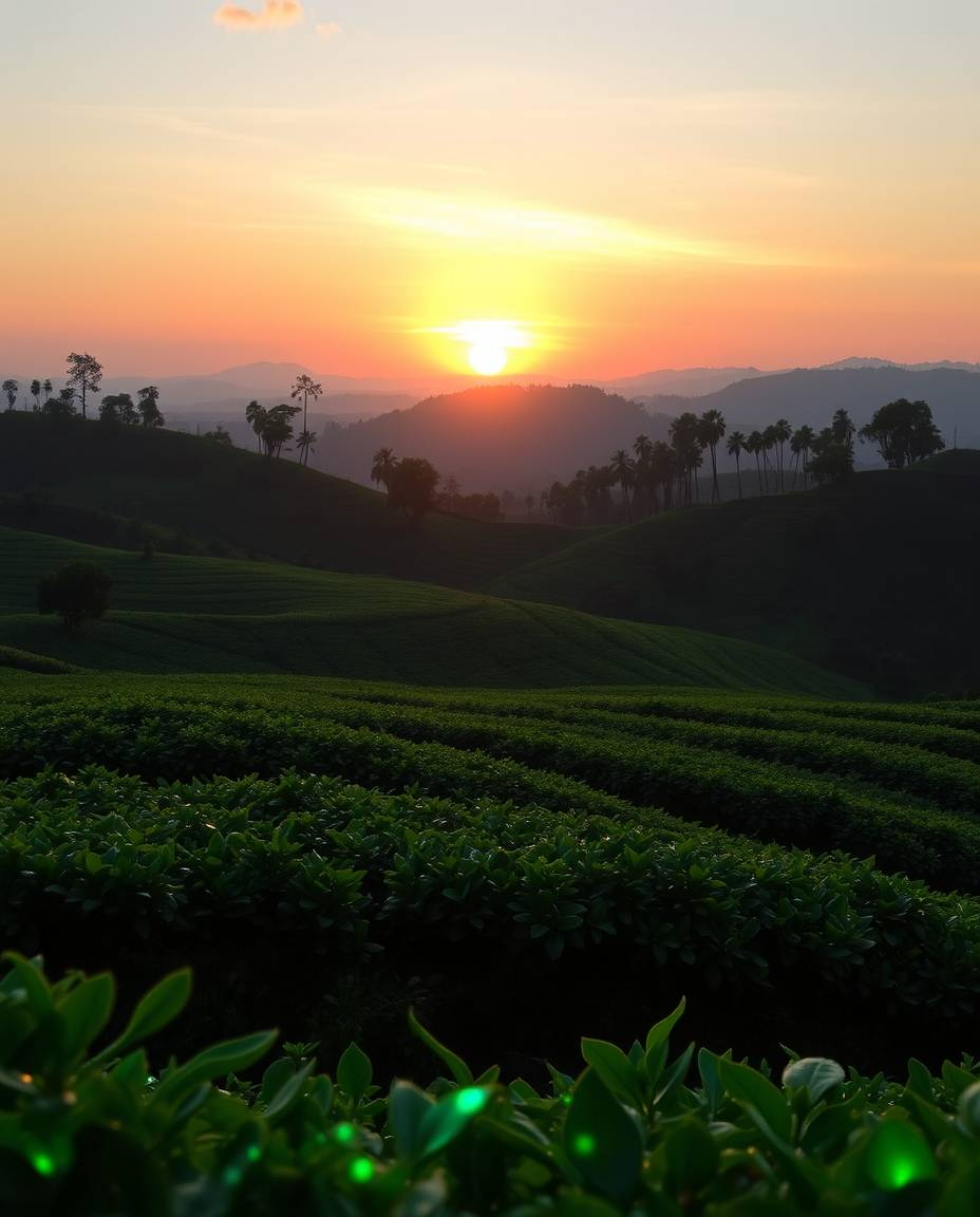 A charming and cute sunset over terraced tea plantations, bathed in natural light. The scene is enhanced by vibrant biolumine