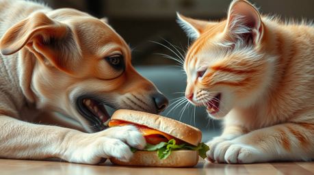 A surreal infrared photograph captures the bizarre scene of a dog and a cat intensely fighting over a massive sandwich. The i