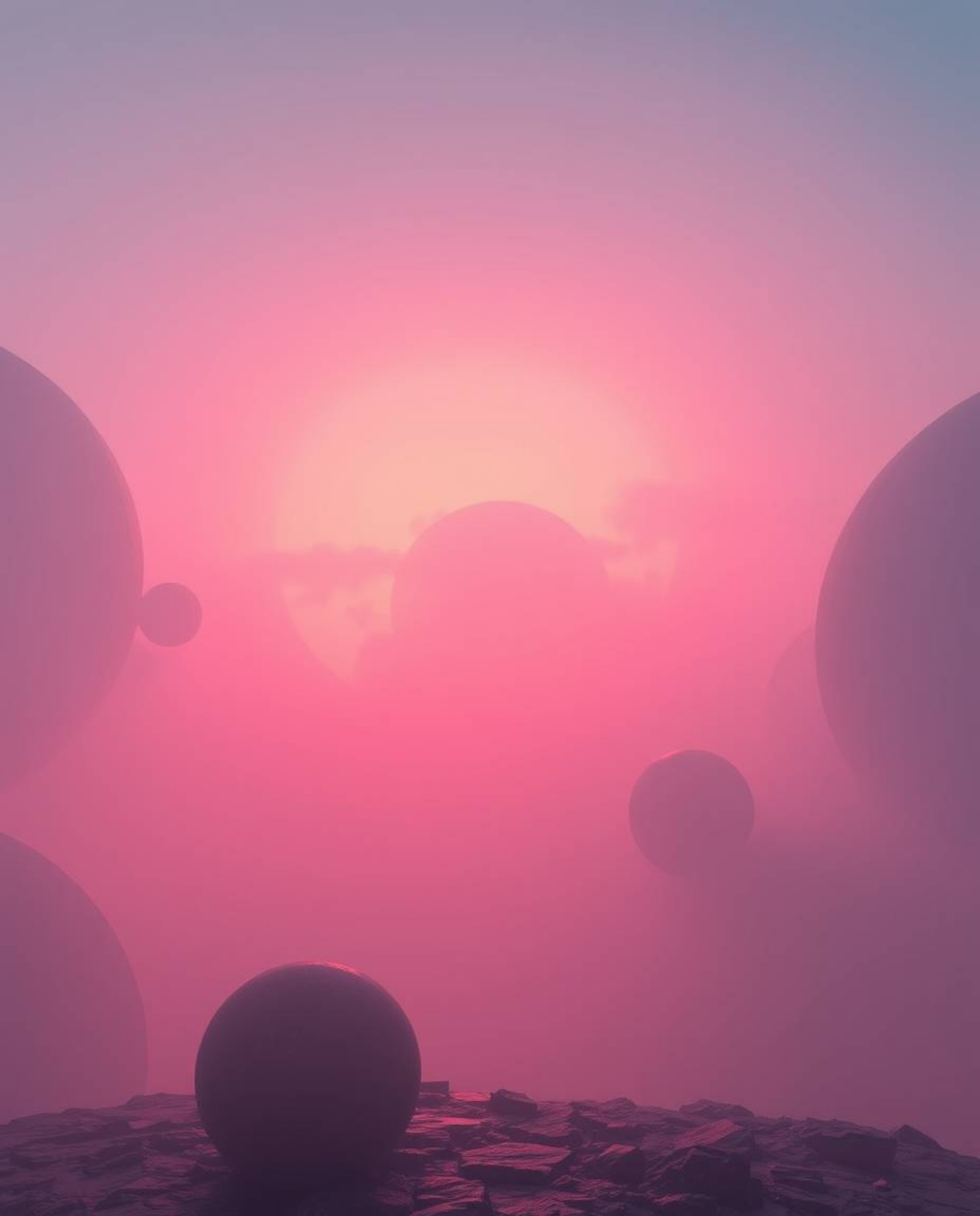 Explore a captivating futuristic sci-fi scene shrouded in thick fog, featuring mesmerizing 3D shapes adorned with smooth grad