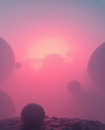 Explore a captivating futuristic sci-fi scene shrouded in thick fog, featuring mesmerizing 3D shapes adorned with smooth grad