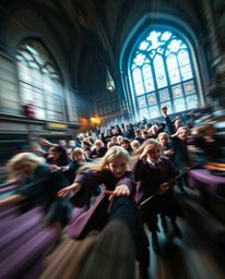 Experience a captivating dynamic scene of a magical school brimming with young wizards. Intense dramatic lighting and high c