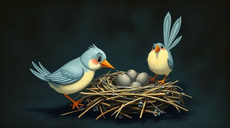 A classic oil painting depicts two cartoon birds diligently building their nest in a style reminiscent of classic animation.