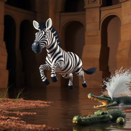 A visually striking image featuring a 3D cartoon zebra with bold black and white stripes leaping from a clearing in fear.  In