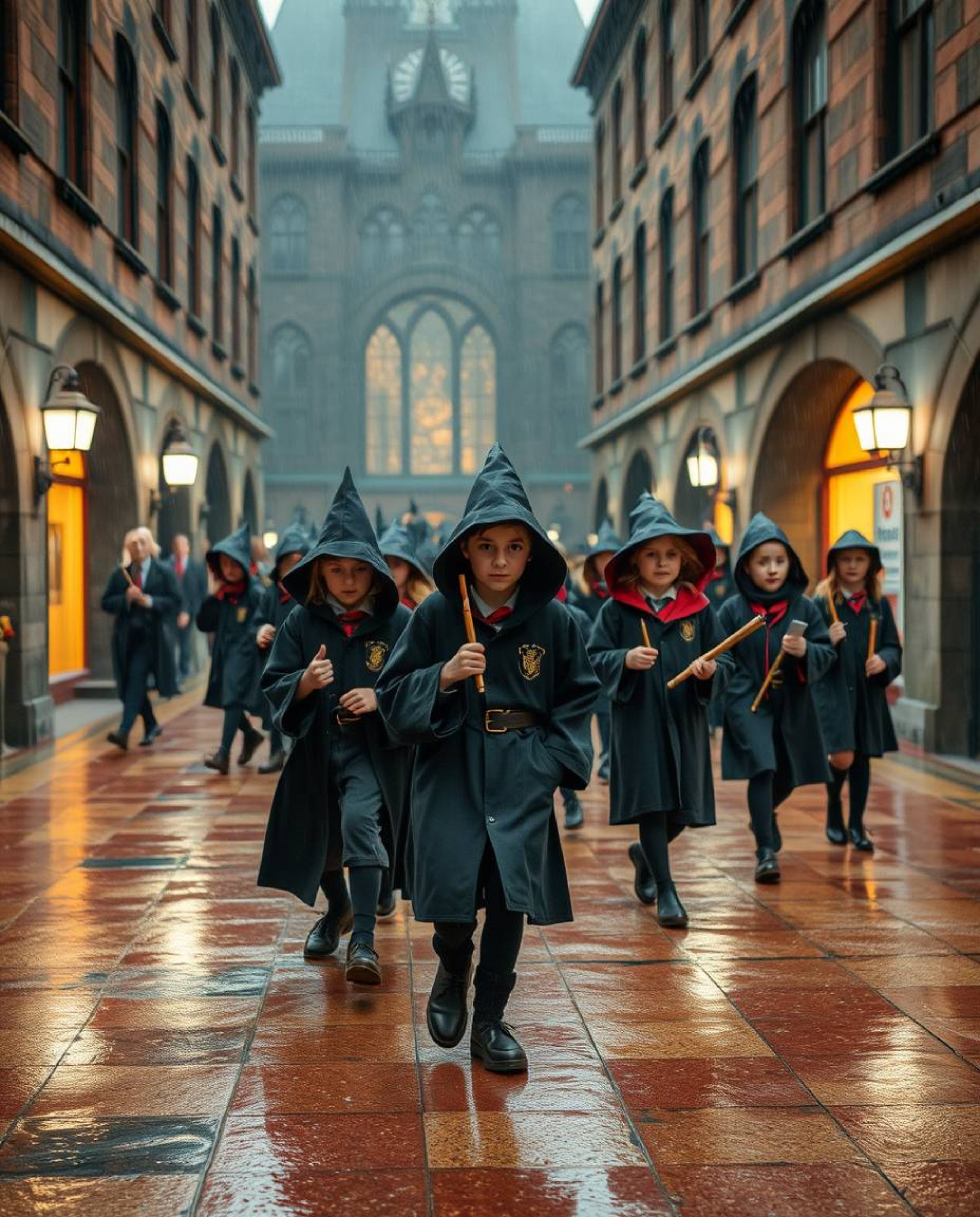 Capture the magic! This image showcases a candid street photography style depicting a magical school for young wizards nestle