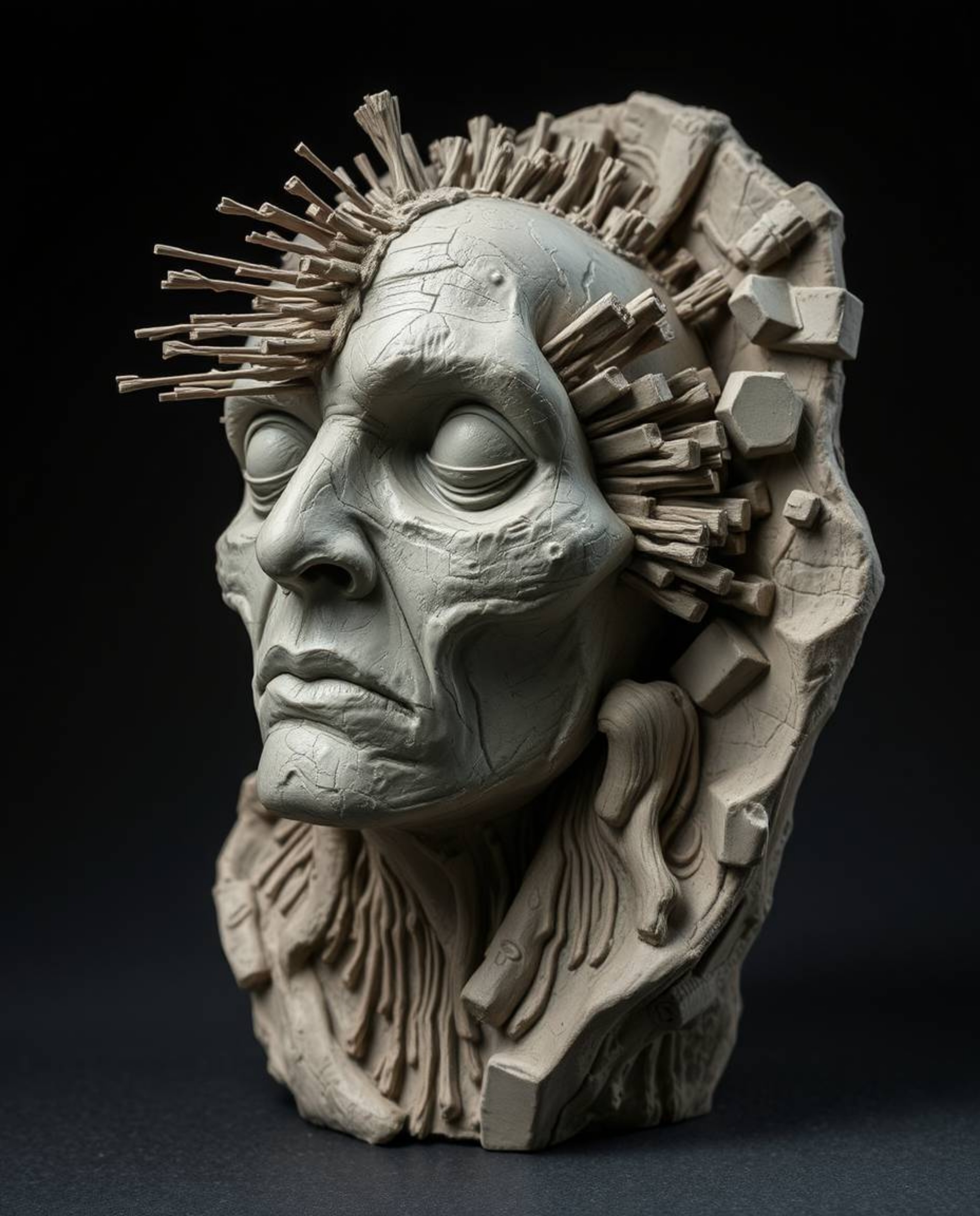 A haunting clay sculpture depicts a human face morphing into a data stream, showcasing a digital glitch effect.  The piece us