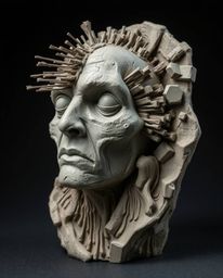 A haunting clay sculpture depicts a human face morphing into a data stream, showcasing a digital glitch effect.  The piece us
