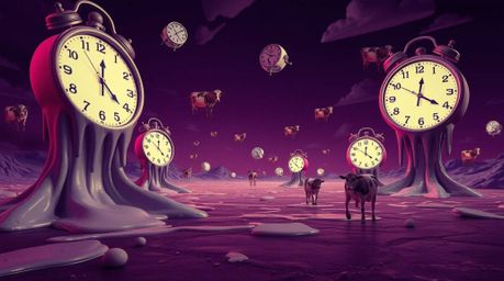 Explore a unique and original fine art photograph capturing a surreal dreamscape filled with melting clocks and floating cows
