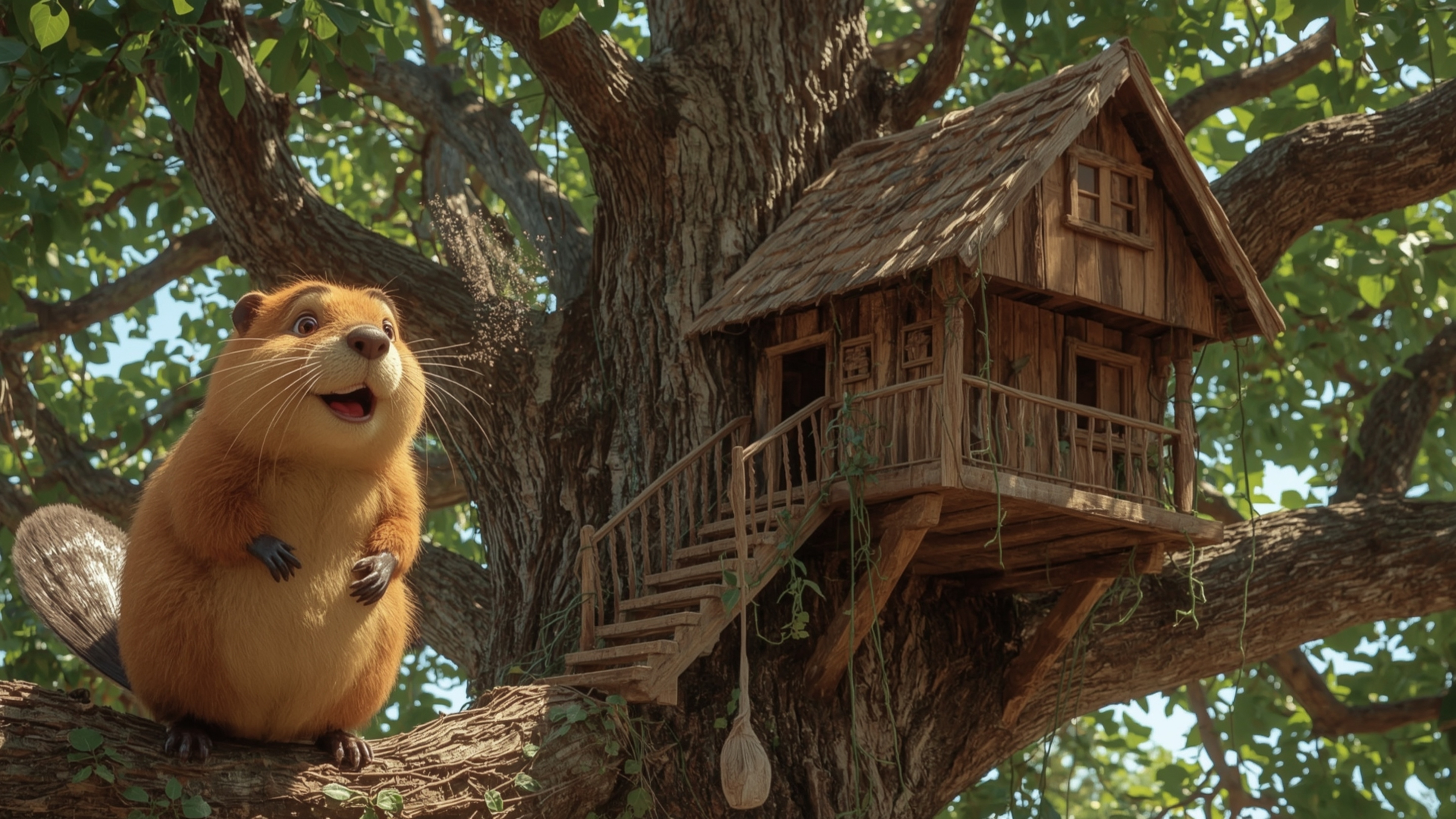 A high-resolution stock photo captures a cheerful beaver with warm, golden fur building an intricately designed treehouse in