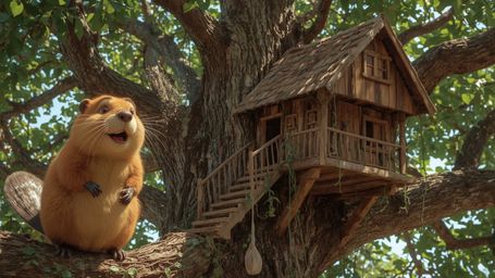 A high-resolution stock photo captures a cheerful beaver with warm, golden fur building an intricately designed treehouse in 
